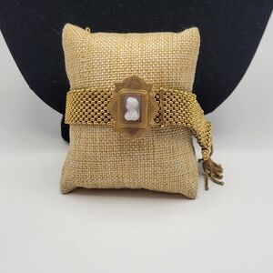 Vintage Antique Victorian Gold Filled Carnelian Cameo Slide Mesh Tassel Bracelet